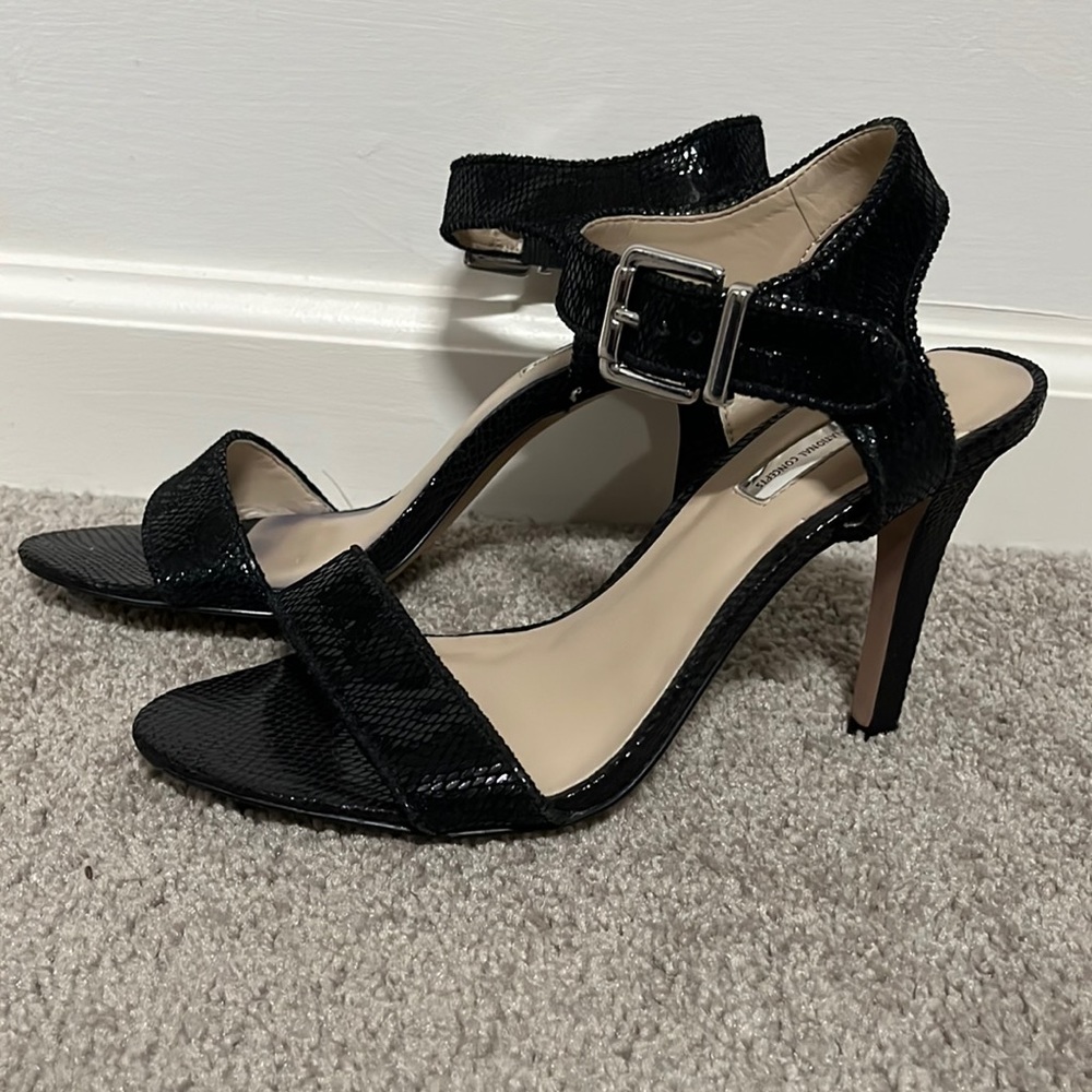 INC snake skin black sandal heels